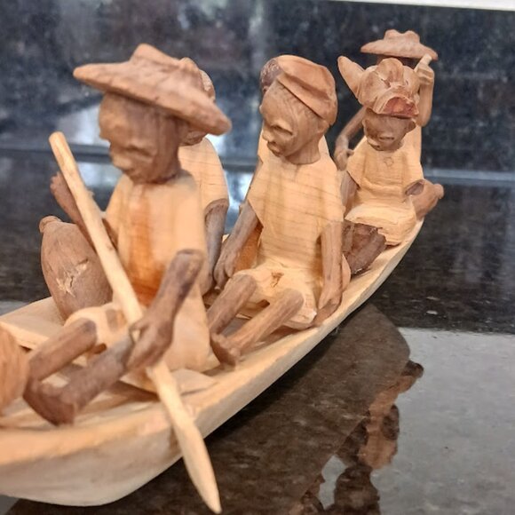 Folk Art Sculpture Carving Ghanaian Boat People (6) Vintage, 12 inches - Picture 5 of 13